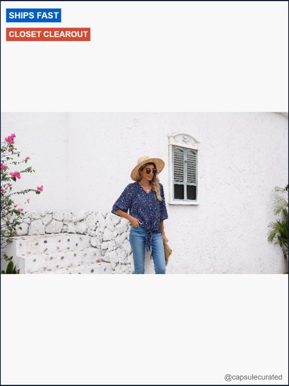 V Neck Tie Front Bell Sleeve Blouse Flowy Boho Summer Top - Picture 6 of 7